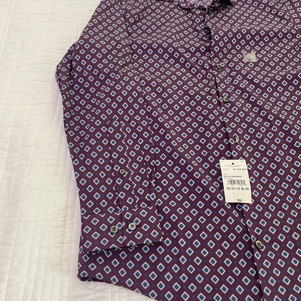 J. Ferrar Men Purple Blue Diamond Geometric Slim Fit Stretch Dress Shirt 15.5 32